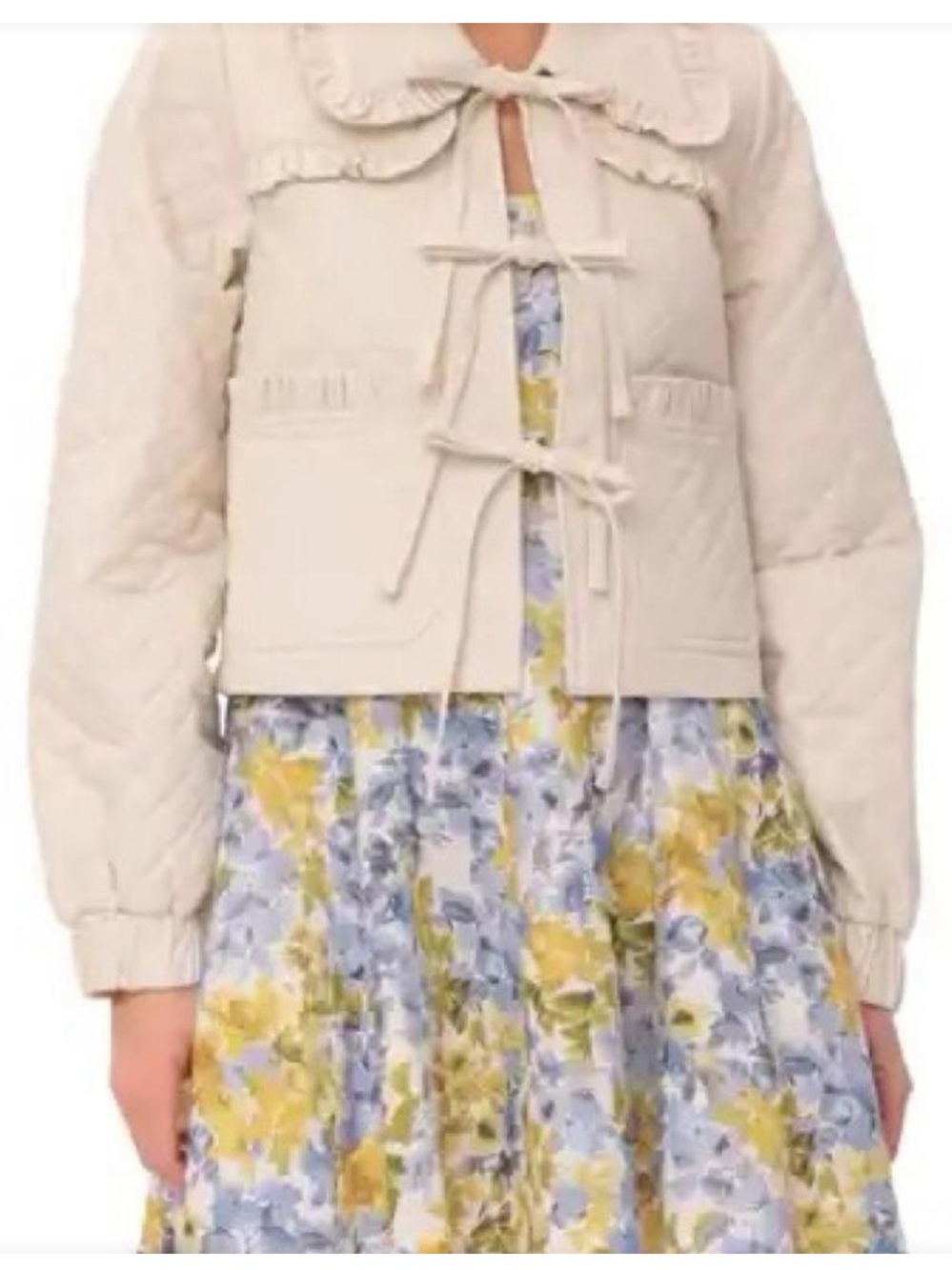 Avec Les Filles Cream Tie-Front Quilted Puff Jacket Sz XS